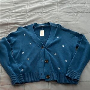 LOFT Teal Cardigan with Floral Accents